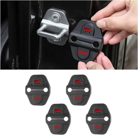Tough Stainless Steel Door Lock Decoration Cover Set For 2018 2025 Jeep Wrangler JL JLU 4XE Unlimited Sahara Rubicon Sport And Gladiator JT Door Lock Protectors 4 Pieces Easy Install Keeps Locks Safe From Scratches, shown during installation and as a 4-piece set.