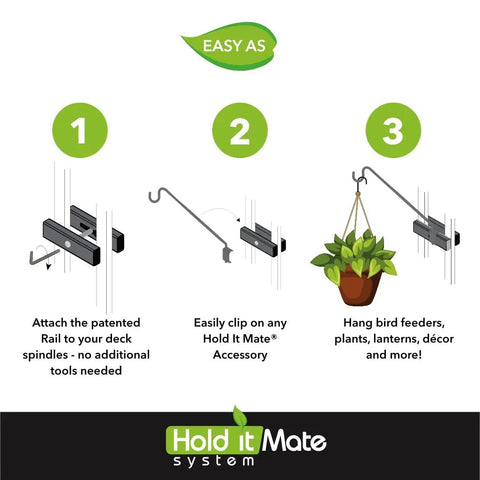 Diagram showing steps to use the Heavy Duty 34 Inch Deck Shepherd Hook For Vertical Spindled Railings Hangs Bird Feeders And Flower Baskets Rock Solid Steel Hanger Fits Wide Gaps No Sweat Setup.