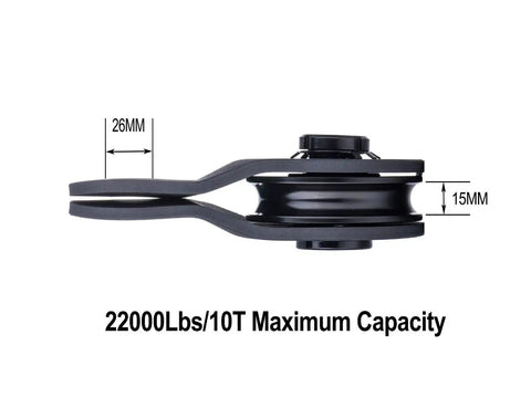 Universal Fit Snatch Block 22,000 Lb Load For Winches, Heavy Duty Rope Pulley With 3/8 To 1/2 Inch Rope, Angled Pull Helper, Grease Fitting, Blue Textured Coating, shown side view with 26mm and 15mm dimensions