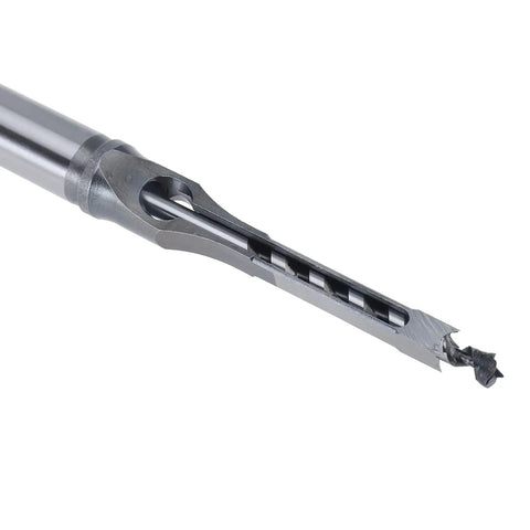 Close-up of 7 Piece Square Hole Mortise Drill Bit Set For Woodworking HSS Mortising Bits, long metal shaft, precise for woodworking.