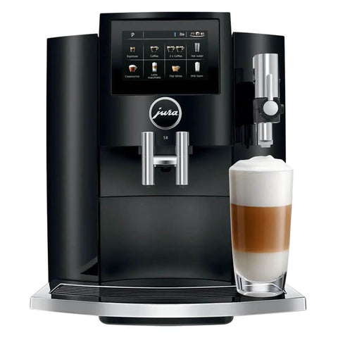 Recertified S8 Automatic Coffee And Espresso Maker In Slick Piano Black Featuring Color Touchscreen Aroma Grinder And Fine Foam Tech, with latte in glass.