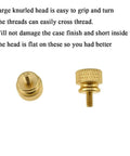 Anodized Aluminum Thumb Screws 6-32 Thread, Large Knurled Head Cage Mounts, close-up of gold finish, easy grip design.
