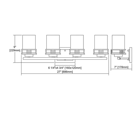 Diagram of Ravendale 4 Light Bath Vanity Fixture In Oil Rubbed Bronze With Opal White Glass, 27 Inch Wide, 9 Inch High, 7 Inch Depth