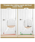 Before and after comparison of wooden door sinking repair with mini fixed caster wheels.