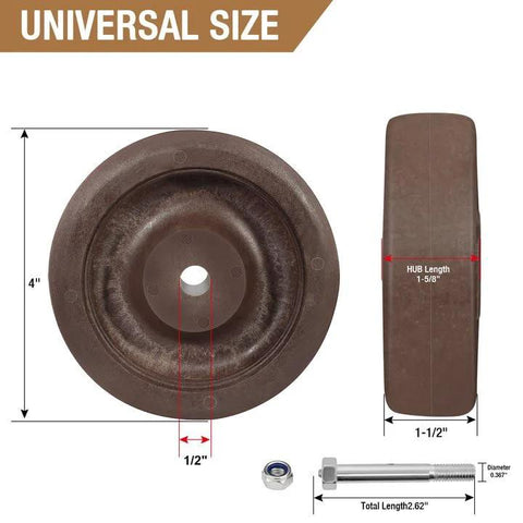 Front view of a 4-inch diameter, 1.5-inch wide hi-temperature nylon/glass caster wheel with 1/2-inch hub bore.