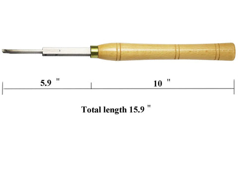 Shop Ready 16 Inch Parting Woodturning Tool With Carbide Grooving Blades For Wood Lathes measuring 15.9 inches with wooden handle.