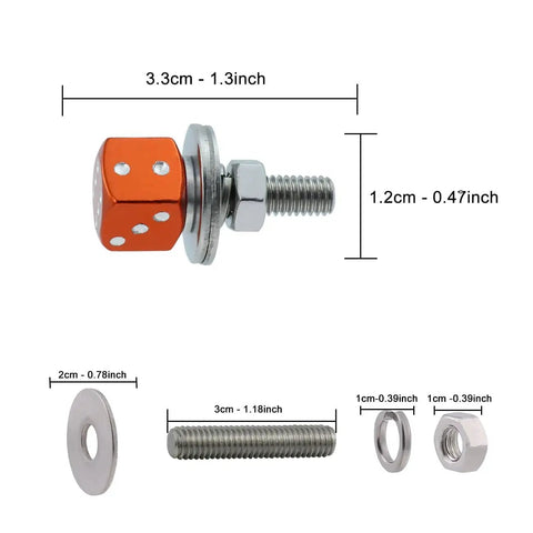 Dice License Plate Screws Set Aluminum Alloy Decorative Fasteners For Cars Motorcycles And Trucks Bolt Frame Mounting Kit Orange 4 Pcs Adds Cool Artistic License Plate Look And Personal Style showing dimensions and components.