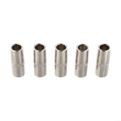 Premium 5-Pack 5/8 Inch Threaded Mig Gas Nozzles For Lincoln Welders 350 Amp Copper Torch Parts Pro Replacement showing five copper nozzles.