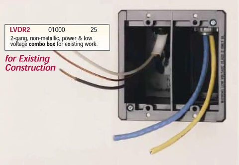 Two Gang Cut In Electrical Power And Low Voltage Old Work Combo Box For Existing Construction With Quick Install Template That Fits Walls From One Quarter Inch Pack Of One installed view with wiring