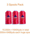 Three spools of Red Polyester Machine Embroidery Thread 120D/2, 5,000M each, totaling 15,000M, for commercial and home embroidery use.