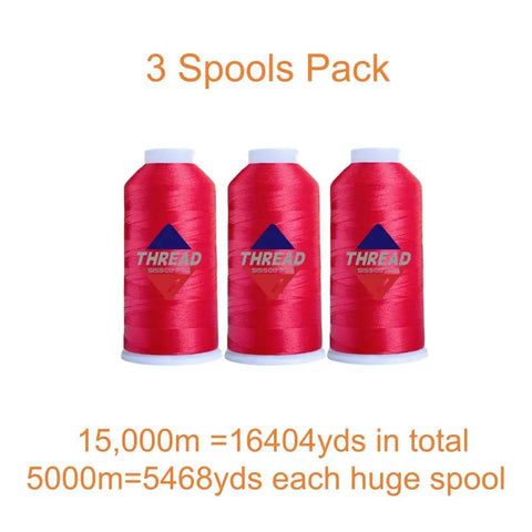 Three spools of Red Polyester Machine Embroidery Thread 120D/2, 5,000M each, totaling 15,000M, for commercial and home embroidery use.