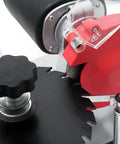 High Caliber 120 Volt Electric Circular Saw Blade Sharpener Packed With Diamond Emery Wheels Portable Aluminum Base Adjustable Tilt Arm close-up showing adjustable parts