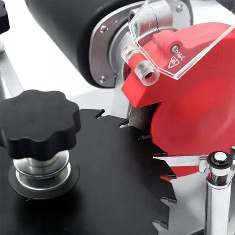 High Caliber 120 Volt Electric Circular Saw Blade Sharpener Packed With Diamond Emery Wheels Portable Aluminum Base Adjustable Tilt Arm close-up showing adjustable parts