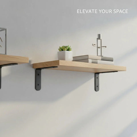 Tough As Nails Black L Shaped Shelf Bracket Stainless Steel Wall Mount supports wooden shelf with books and plant