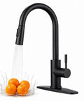Friho Matte Black Kitchen Faucet with Pull Down Sprayer, Single Handle High Arc Stainless Steel, Deck Plate for 1/3 Hole Installation pouring water over oranges.