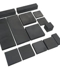 Set Of Five 50x50x50mm Graphite Ingot Blocks For EDM Electrodes, 99.9 Percent High Purity, arranged in various sizes.