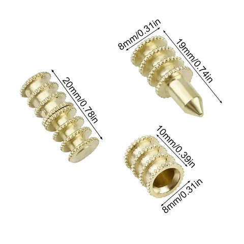 Built Damn Solid Brass Table Leaf Dowel Pins And Bolt Sleeve Connectors Set For Extension Dining Table Hardware Accessories Gold Finish detailed view of sizes.
