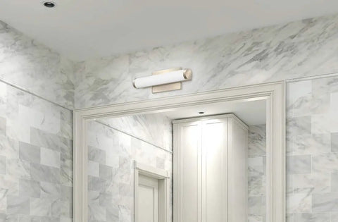 12-Inch LED Vanity Light Fixture In Brushed Nickel, 90 CRI, MVOLT With 30K 35K 40K Color Temp, mounted in a marble bathroom