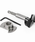 Pro Grade Hole Opener Drill Jig Kit With Rugged Alloy Bits That Yields Butter Smooth Cuts Straight Out Of Your Power Drill, metal drill bit and base.