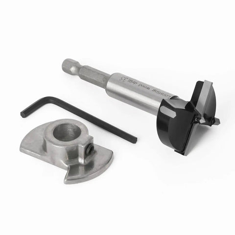 Pro Grade Hole Opener Drill Jig Kit With Rugged Alloy Bits That Yields Butter Smooth Cuts Straight Out Of Your Power Drill, metal drill bit and base.