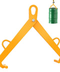 Heavy Duty 55 Gallon Vertical Drum Clamp Lifter With 1100 Pound Capacity For Steel Or Plastic Drums that features an orange clamp and hanging green drum.