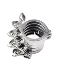Front view of five 1.5-inch stainless steel sanitary tri-clamp clamps with wing nuts for ferrules.