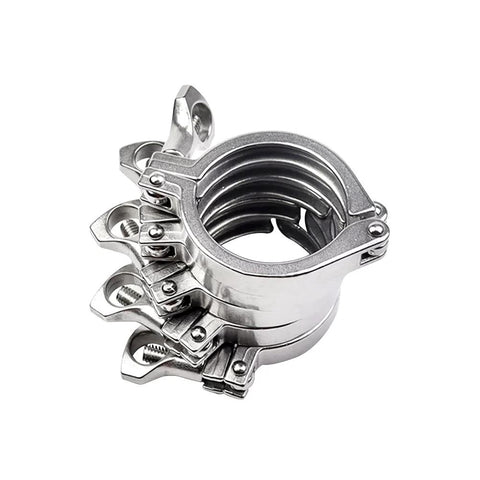 Front view of five 1.5-inch stainless steel sanitary tri-clamp clamps with wing nuts for ferrules.