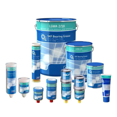 Various SKF-compatible LGWA bearing greases, including Industrial Bearing Lubricant Grease LGWA Two Fifty Dist Greases SKF Compatible.