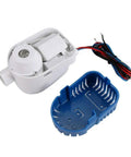 12V Submersible Bilge Pump For Boats With Built In Auto Float Switch 1200 GPH, white and blue components with wiring
