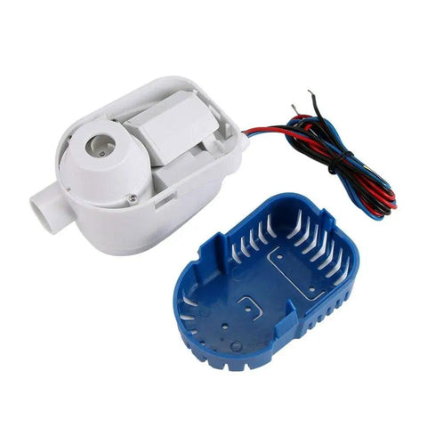 12V Submersible Bilge Pump For Boats With Built In Auto Float Switch 1200 GPH, white and blue components with wiring