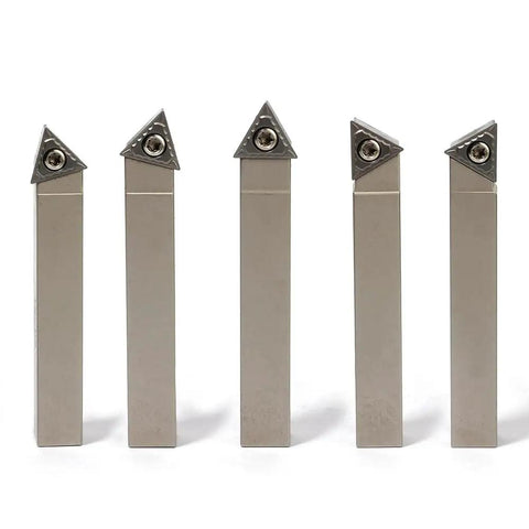 Top Shelf Mini Indexable Lathe Turning Tool Set With Half Inch Nickel Plated Shank Holders Plus Razor Sharp Carbide Insert Blades displayed.