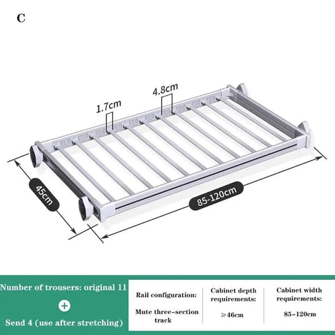 Top Shelf Multi Layer Closet Rack And Ultra Smooth Slide Out Pants Hanger For Jeans Ties Scarves Seamless Drawer Organizer Space Saving Setup Hassle Free, showing dimensions 85-120cm and height 45cm.