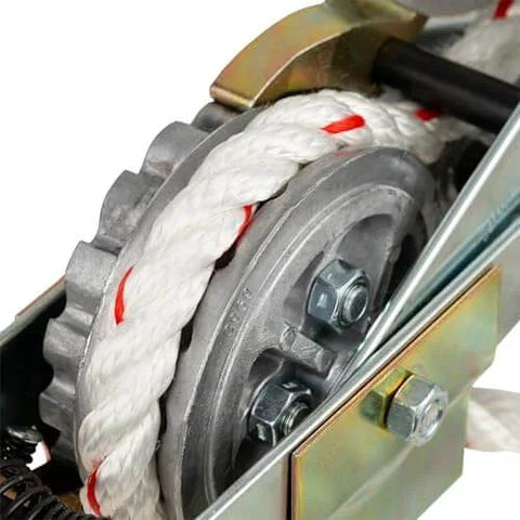 Close-up of Three Quarter Ton Rope Puller With Fifty Foot Three Strand Twisted Polydacron Rope Included One Piece Aluminum Alloy Ratchet Wheel