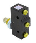Side view of TM-1307 Parallel Roller Plunger Actuator Momentary Limit Switch showcasing connectors and plunger mechanism.