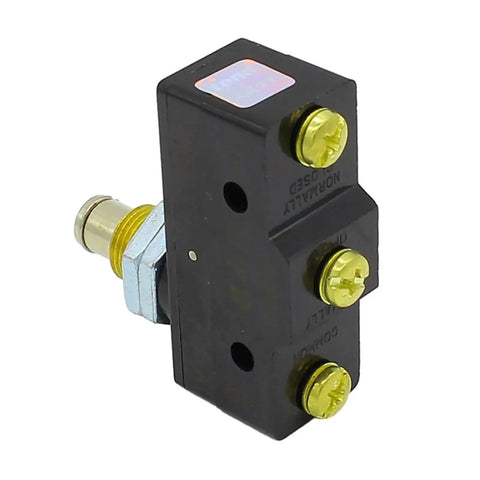 Side view of TM-1307 Parallel Roller Plunger Actuator Momentary Limit Switch showcasing connectors and plunger mechanism.
