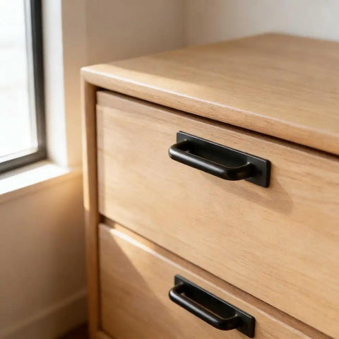 Black metal pull handles on a wooden cabinet beside window, similar to 2 Pack Aluminum Gate Pull Handle For Wooden Fences And Barn Doors Black Finish