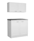 Two Piece White Storage Cabinet Set With Hella Spacious Countertop Real Estate And Smart Interior Dividers Ultimate Home Office Organizer featuring upper and lower cabinets.