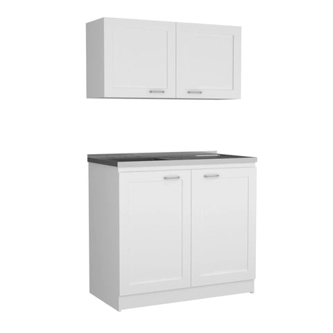 White Two Piece Cabinet Set Knockout Style For Your Digs Tall And Low Units With Countertops Heavy Duty Build Smooth Finish Zero Hassle Setup Bring Fresh Vibe To Any Room Right Now. Image of a modern white cabinet set with dark countertop.