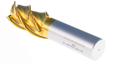Side view of Accusize end mill, 7/8 in dia, 3/4 in shank, 1-7/8 in flute length, 4-1/8 in OAL, HSS tin-coated