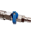 Stainless steel ball valve with blue lever, 3/8" quick-connect fittings for 4500 PSI washer hose
