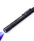 Pocket Size UV Black Light Flashlight With Zoomable 395 Nm Beam For Detecting Dog Urine And Dry Stains IPX5 Water Resistant Ultra Compact EDC Pen Light Powered By 2 AAA Batteries Great For Home Cleaning And Pet Proofing showing UV beam and clip