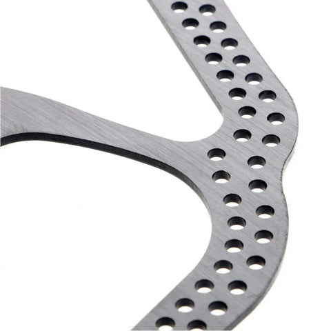 Close-up of 180mm 6 Bolt Stainless Steel Disc Brake Rotor For Road, Mountain, MTB And BMX Bikes, showing perforated edge.