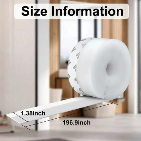 Heavy Duty Self Adhesive Foam Weather Stripping Tape For No Fuss Quick Setup, showing 1.38 inch by 196.9 inch size on a roll.