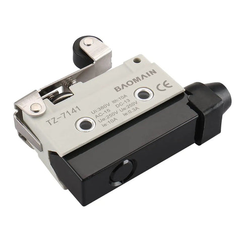 Limit Switch TZ-7141 With Short Hinge Roller Lever Actuator, 1NO+1NC SPDT, 10A 250VAC shown from side angle