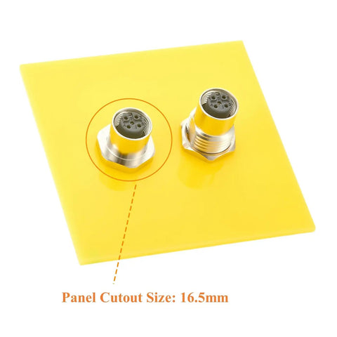 M12 A Coded 5 Pin Female To Female Coupler Panel Mount IP67, mounted on yellow panel, showing 16.5mm cutout