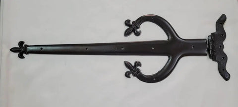 Twenty Two Inch Antique Rustic Cast Iron Door And Gate Hinges Black Faux Farmhouse Barn Shutter Cabinet Hardware For Outdoor Decor With A Dope Badass Vintage Vibe And Top Shelf Artisan Craftsmanship, detailed view of hinge design.