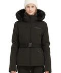 Model wearing Women's Ski Jacket For Snowboarding Warm Winter Coat With Hood, Windproof And Waterproof, Short Slim Fit Snow Coat For Mountain Adventures, High Warmth Polyester Blend, XL Black