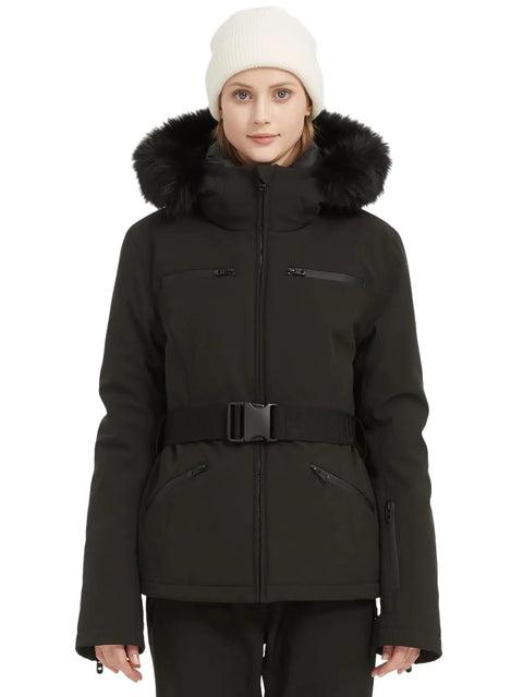 Model wearing Women's Ski Jacket For Snowboarding Warm Winter Coat With Hood, Windproof And Waterproof, Short Slim Fit Snow Coat For Mountain Adventures, High Warmth Polyester Blend, XL Black