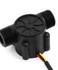 Plug And Play Flow Sensor With Half Inch NPT Thread For Arduino And Raspberry Pi, 1 To 30 Liters Per Minute Flow Meter, Flow Meter Counter, Compatible With Reverse Osmosis Filters, black housing, visible wires.