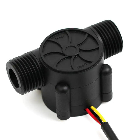 Plug And Play Flow Sensor With Half Inch NPT Thread For Arduino And Raspberry Pi, 1 To 30 Liters Per Minute Flow Meter, Flow Meter Counter, Compatible With Reverse Osmosis Filters, black housing, visible wires.